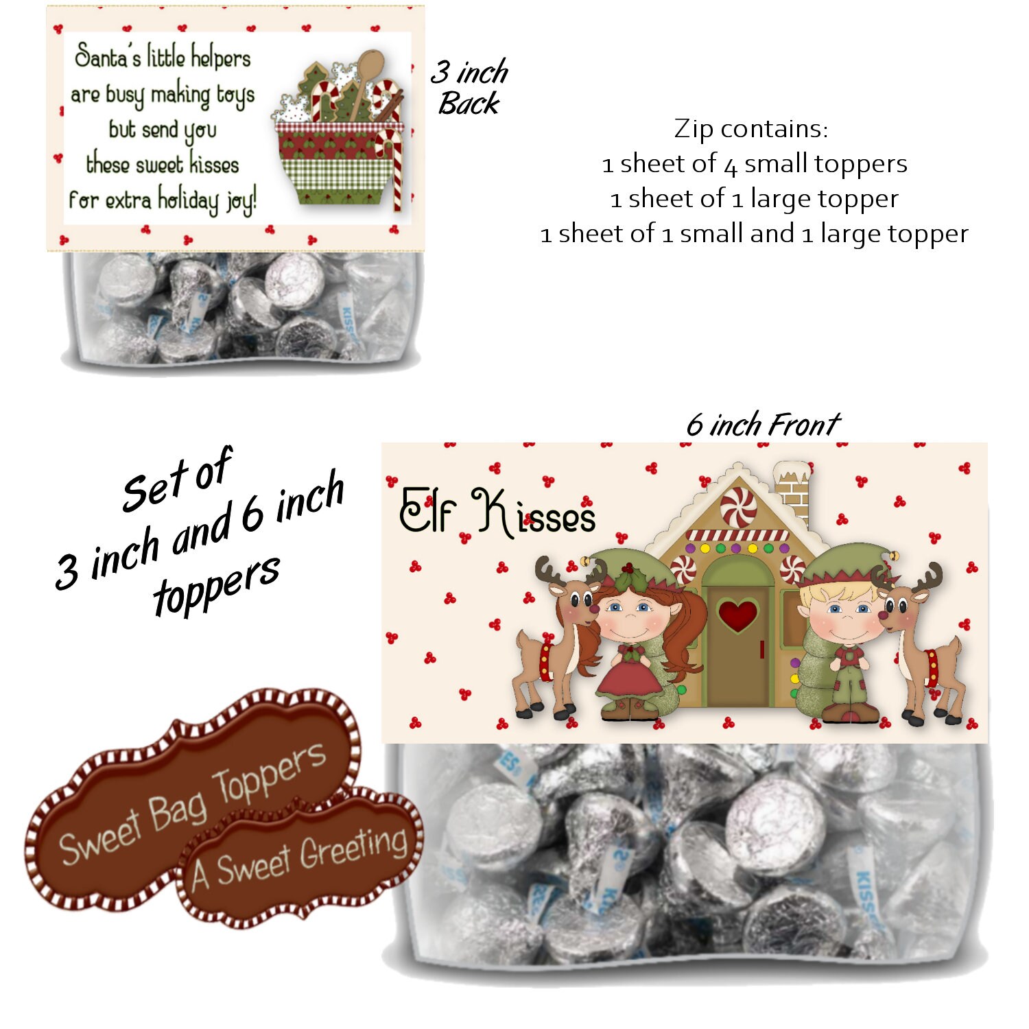 Printable Elf Kisses 3 &amp; 6 Inch Bag Toppers for kiss Shaped Candy - Etsy