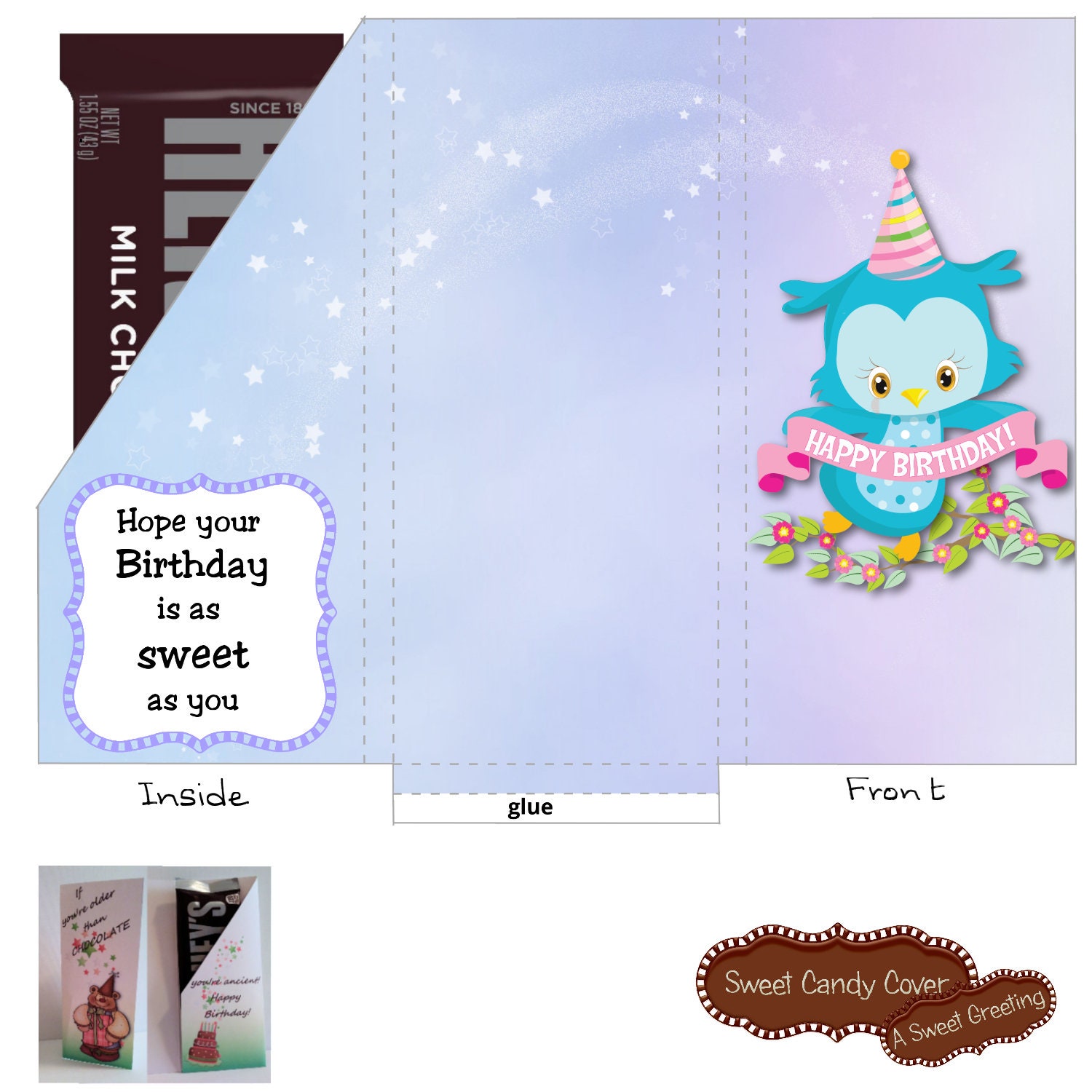 Printable Birthday Owl Pocket Card for 1.55 ounce Candy Bar