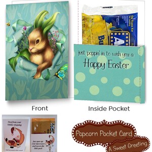 Può includere: Biglietto di auguri pasquale con un design a coniglietto marrone. La tasca interna dice "just poppin' in to wish you a Happy Easter" e contiene popcorn. Una carta più piccola mostra Babbo Natale su una luna.