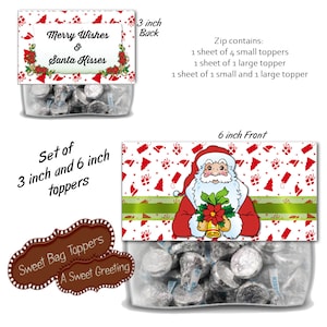 Printable Santa Kisses 3 & 6 Inch Bag Toppers For &quot;Kiss&quot; Shaped Candy
