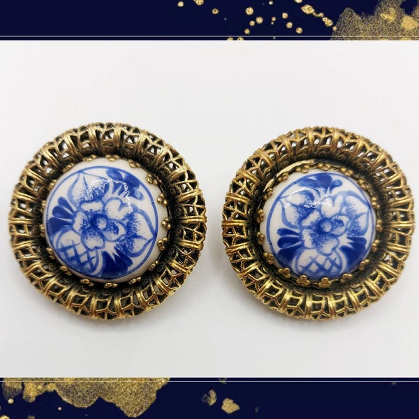 ZOE COSTE vintage enamel clip on ceramic & filigree earrings
