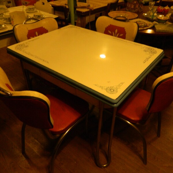Enamel Table with Chrome legs with 2 chairs white with periwinkle blue edge and flower pattern