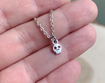 Teeny Tiny SILVER Skull Necklace - Adorable Skull - Sweet and Spooky - Choker - Halloween - Skull Charm - Skull Jewelry - Silver - Unisex