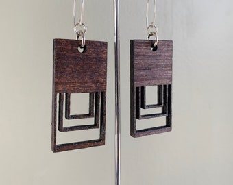 ART DECO Inspired Wood Earrings - Laser Cut Earrings - Mahogany Earrings - Stained Wood - Wood Earrings - Lightweight Earrings -