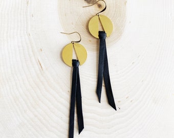 LEATHER and BRASS FRINGE Earrings - Modern - Art Deco Inspired - Lightweight - Leather Earrings - Black Leather - Festival Fashion