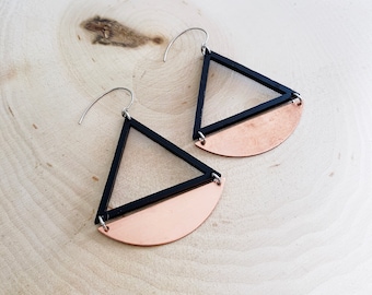 MATTE BLACK Acrylic with Copper Earrings - Laser Cut Acrylic Triangle - Copper Half Circle - Laser Cut - Modern - Geometric Jewelry