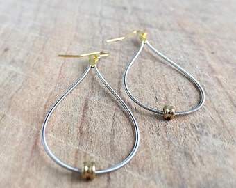 Recycled Electric Guitar String Earrings with Contrasting Ball End Detail - GUITAR STRINGS - Silver and Gold - Tear Drop - Rock and Roll