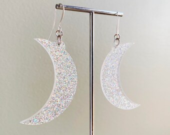 LUNA CRESCENT MOON Laser Cut Acrylic Earrings - Aurora Borealis Glitter - Lightweight - Lunar - Moon Earrings - Witchy - Festival Fashion