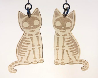 Halloween Cat Earrings - Cat Skeleton - Light Grey Laser Cut - Spooky Cat - Cat Lady - Acrylic - Lightweight - Kitty Cats