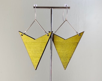 OLIVE Wooden Triangle Dangle Earrings - Wood Earrings - Laser Cut Wood - Birch Wood - Large and Lightweight - Wood and Silver - Festival