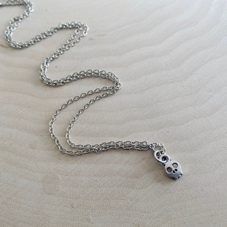 May include: A silver-colored necklace with a small skull pendant. The chain is a delicate link style, and the skull charm has detailed facial features. The necklace rests on a light-colored wooden surface.