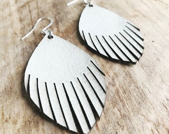 White Leather Fringe Earrings - Fringed - Recycled Leather - Festival Fashion - Sustainable - Rock and Roll - Gift for Her - Lightweight