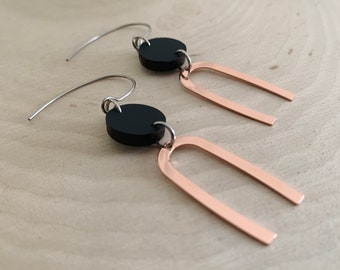 ROSE GOLD ABSTRACT Drop Earrings - Matte Black Acrylic - Rose Gold Jewelry - Lightweight - Laser Cut - Abstract Jewelry - Festival Fashion