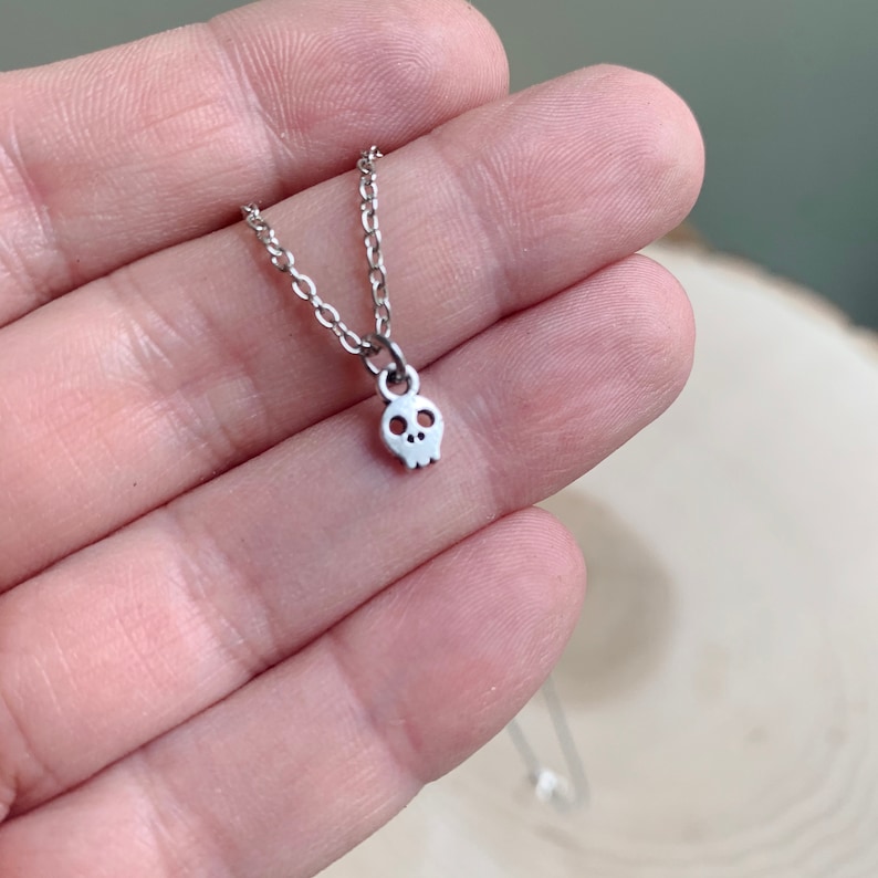 May include: A silver-colored necklace featuring a small skull pendant. The skull has two eye sockets and a nose cavity. The chain is delicate and appears to be made of small, linked metal pieces. The necklace is held in a hand.
