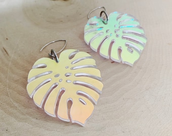 MONSTERA Leaf Earrings LG - IRIDESCENT - Monstera Deliciosa - Nature - Laser Cut - Acrylic - Plant Earrings - Plant Mom - Plant Lover - Fun