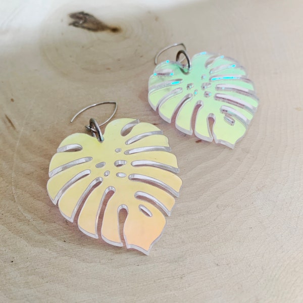 MONSTERA Leaf Earrings LG - IRIDESCENT - Monstera Deliciosa - Nature - Laser Cut - Acrylic - Plant Earrings - Plant Mom - Plant Lover - Fun