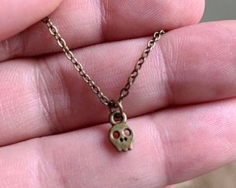 Teeny Tiny Brass Skull Necklace - Adorable Skull - Sweet and Spooky - Choker - Halloween - Skull Charm -
