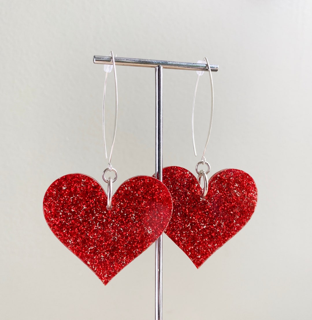 Red GLITTER Heart Earrings Laser Cut Acrylic BIG HEART Earrings Love