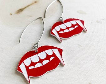 RED VAMPIRE Earrings - Vampire Teeth - Lipstick - Laser Cut Earrings - Red and White - Halloween Jewelry - Fun Jewelry - Fangs - Spooky