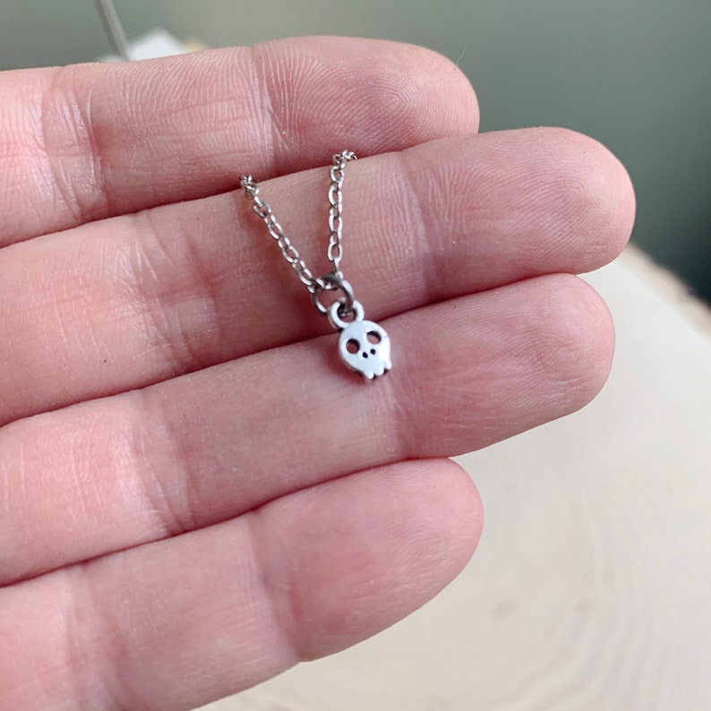May include: A silver-colored necklace featuring a small skull pendant. The skull has eye and nose cutouts. The chain is delicate and appears to be made of small, linked segments. The necklace is displayed against a light-colored wooden surface.