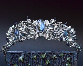 Labradorite Crown - Night Orchards, Tiara With Silver Leaves, Something Blue