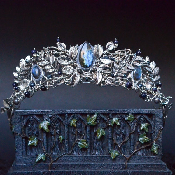 Labradorite Crown - Night Orchards, Tiara With Silver Leaves, Something Blue