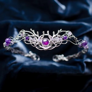 Purple Dusk - Amethyst Tiara, Elven Circlet, Silver Branch Crown, Purple Mermaid Headpiece, Fantasy Wedding