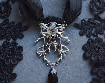 Night's Tear - Gothic Onyx Pendant With Garnets And Labradorite, Long Necklace