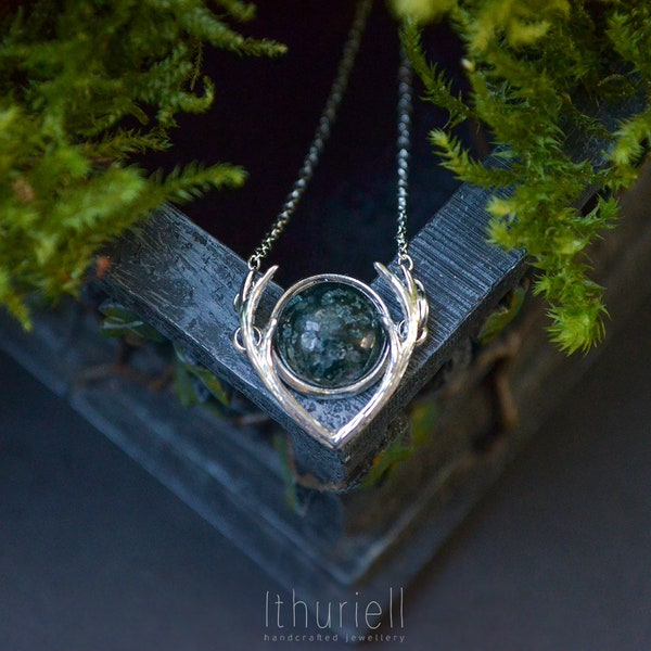 Moss Agate Necklace - Huldufólk, Silvery Antlers Pendant