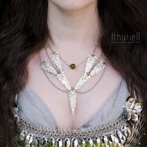 Fern&#39;s Embrace - Branch Necklace With Silver Fern Leaves, Peridot Statement Necklace, Elven Jewelry