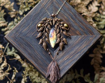 Labradorite Statement Necklace - Golden Fall, Elven Pendant with Copper Branches And Leaves