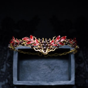 Crimson Leaves Crown - Gold & Red Leaves Garnet Circlet, Statement Elven Bridal Crown, Fantasy Wedding Headpiece