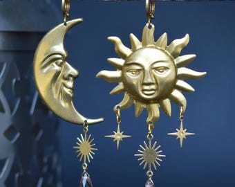 Sun&Moon - Celestial Brass Earrings with Citrine and Crystals, Golden Crescent Dangle Earrings