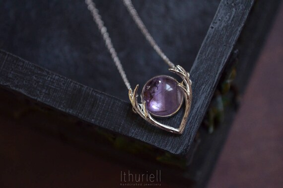 Amethyst Necklace - Purple Dusk, Antler Pendant, Ultraviolet, Gemstone Pendant, Silver Antlers, Deer Princess, Gift for Her, Gift for women