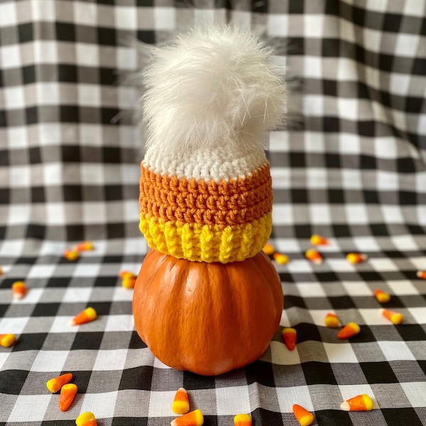 Candy Corn Beanie with Fluffy Pom  ~ Candy Corn Hat ~ Baby Kids Adult ~ Fall Baby ~ Halloween Hat ~ Halloween Baby Announcement ~ Pumpkin