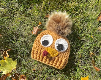 Crocheted Turkey Beanie with Pom Pom~ Baby, Child & Adult Turkey Hat ~ Thanksgiving Hat ~ Thanksgiving Baby ~ Turkey Trot ~ Photo Prop