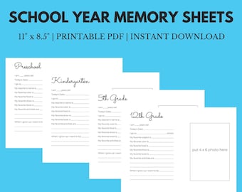School Year Memory Sheets | 11&quot; x 8.5&quot; Instant Download Printable