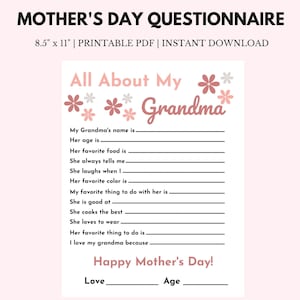 Questionário do Dia das Mães para impressão para avós | Download instantâneo de 8,5" x 11"