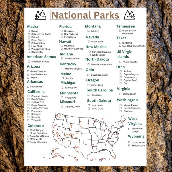 National Parks Checklist Printable | 8.5" x 11" Instant Download