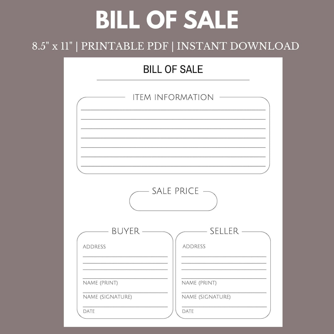 Bill of Sale | 8.5" X 11" Instant Download Printable - Etsy