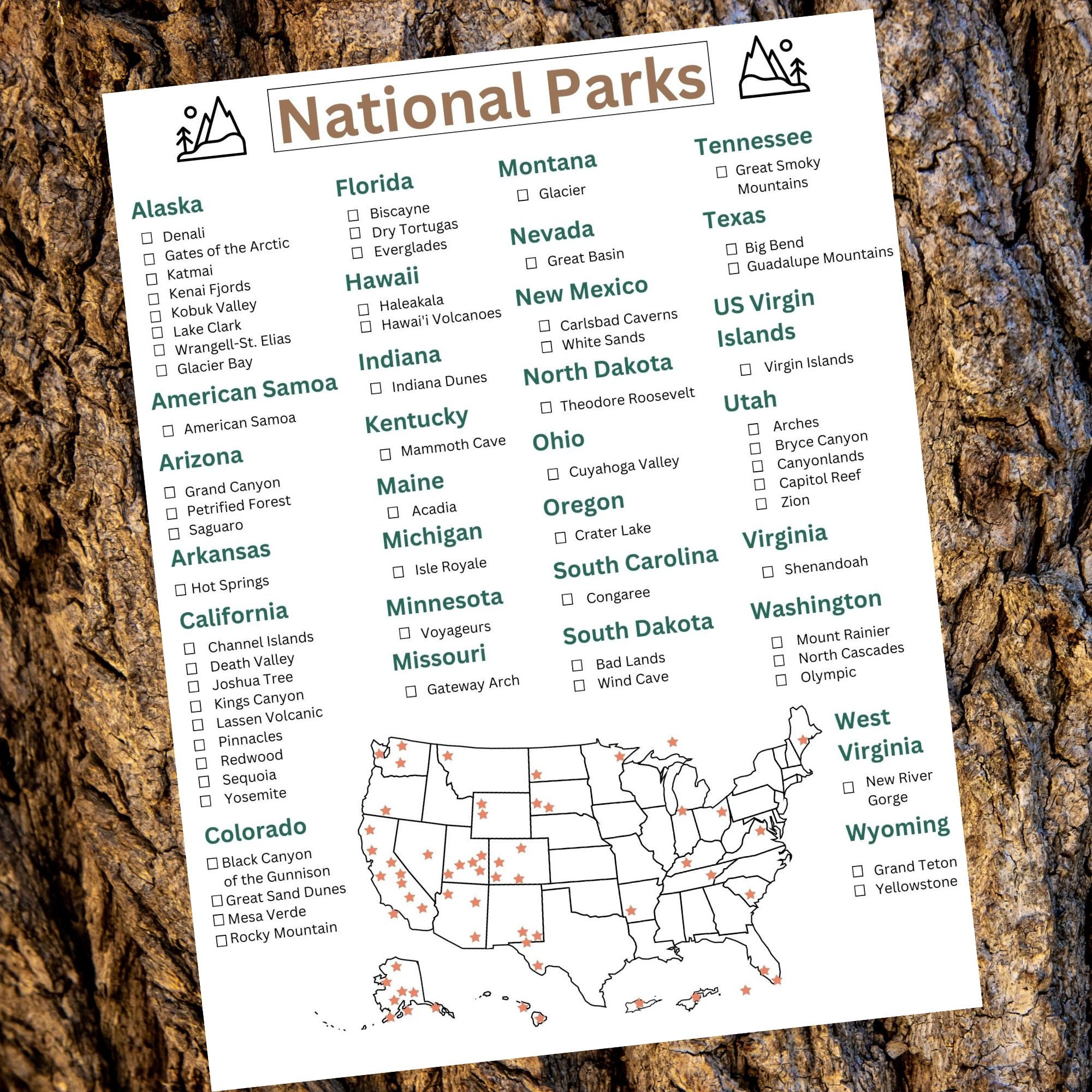 National Parks Checklist Printable 8.5 X 11 Instant Download - Etsy