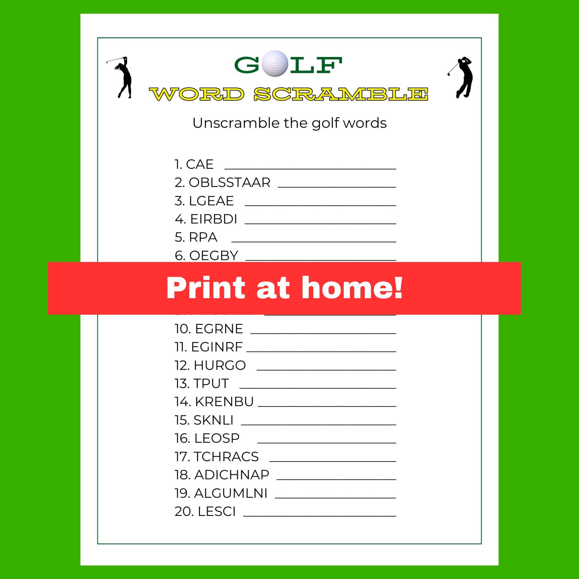 Golf Word Scramble | Comes in 5" X 7" and 8.5" X 11" - Etsy