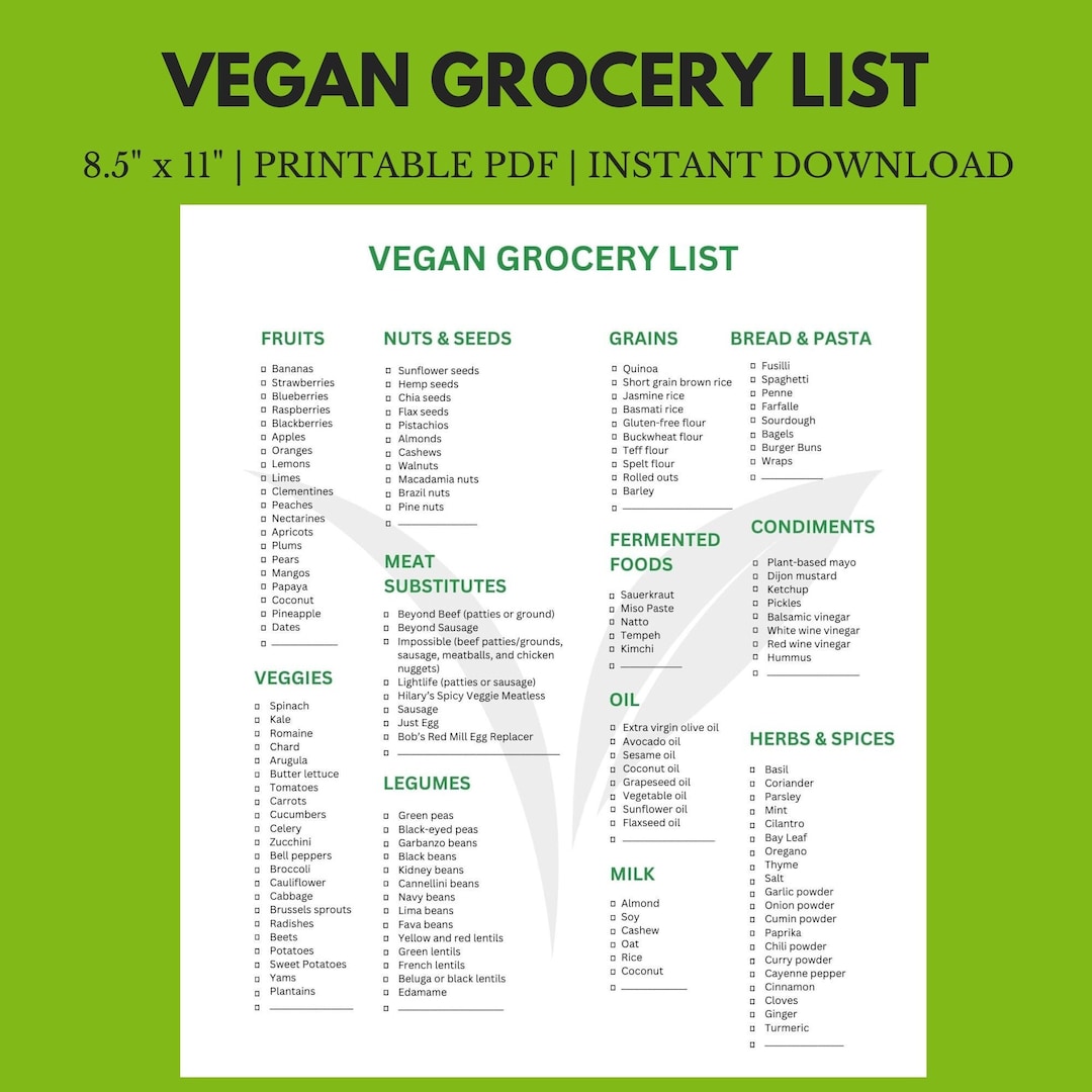 Vegan Grocery List 8.5 X 11 Instant Download Printable - Etsy