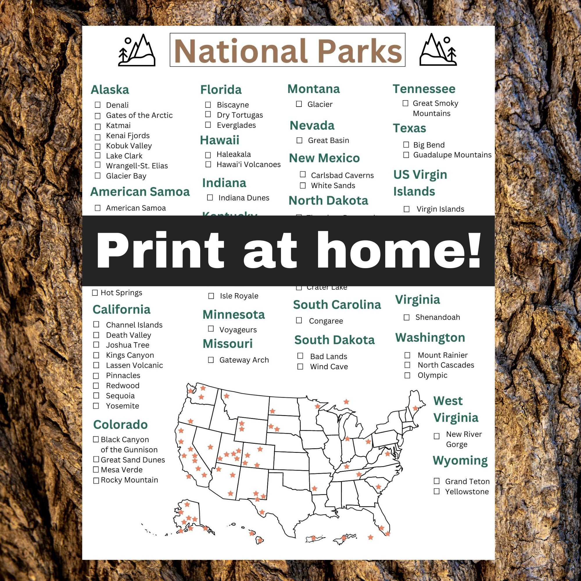 National Parks Checklist Printable 8.5 X 11 Instant Download - Etsy