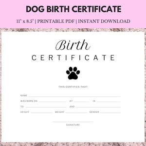 Hund Geburtsurkunde | 11 "x 8,5" Sofort Download druckbar