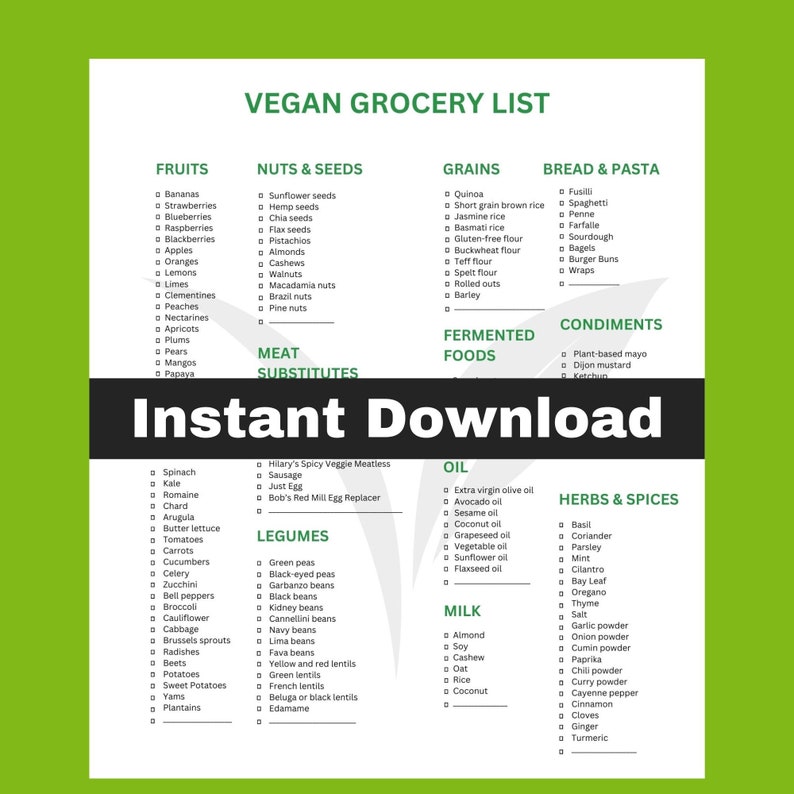 Vegan Grocery List 8.5 X 11 Instant Download Printable - Etsy