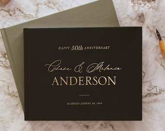 Anniversary celebration party guest book, 50th Wedding anniversary guestbook hardcover with gold foil, Custom personalized guest book