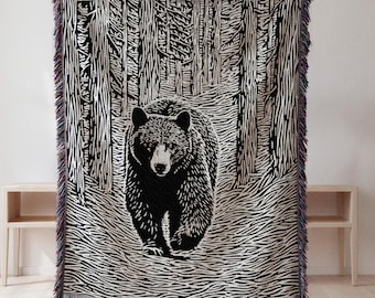 Black Bear Woven Blanket, Rustic Cabin Decor, National Park Gift, Wildlife Wall Art, Lodge Throw, Man Cave Decor, Forest Animal Tapestry