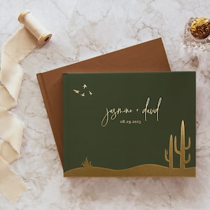 Wedding Guest Book, Boho neutral colors, Custom landscape hardcover with gold silver rose gold foil, Cactus guestbook for your reception