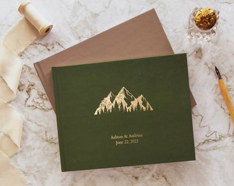 Wedding Guest Book, Boho neutral colors, Custom landscape hardcover with gold silver rose gold foil, Mountain guestbook for your reception